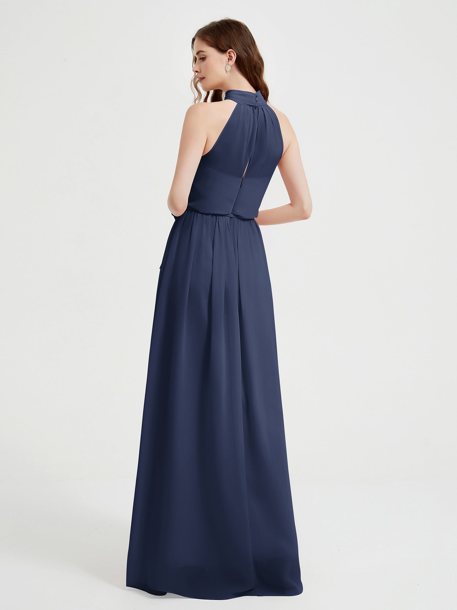 High Neck Full Length Dress with Slit Dark Navy